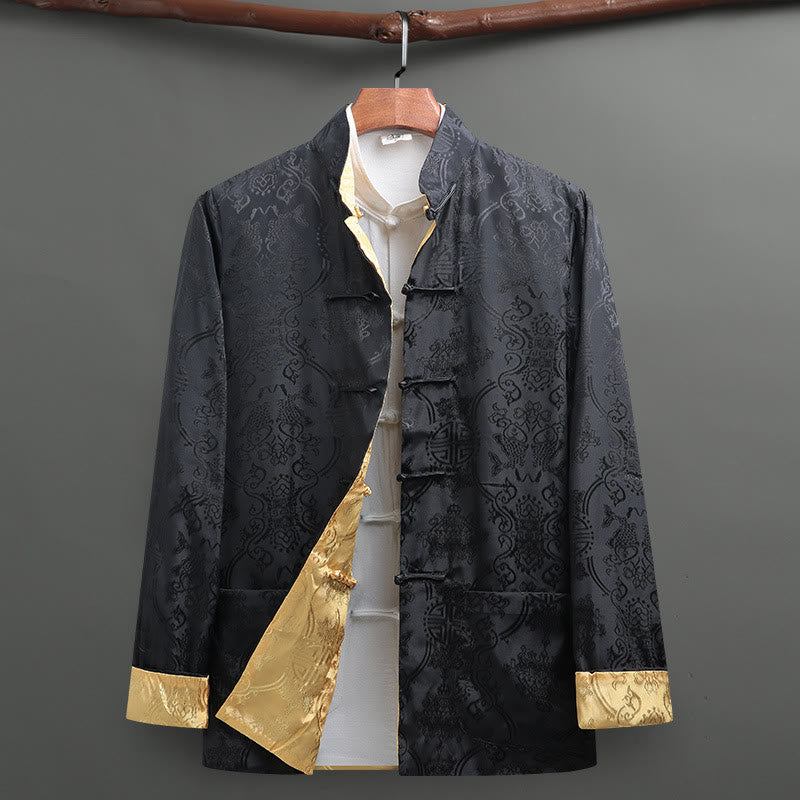 Camisa de manga larga con bolsillos y botones de rana para hombre de Buddha Stones Tang Suit, con estampado de peces koi. - Negro - US/UK/AU42, EU52 (3XL) - image 0
