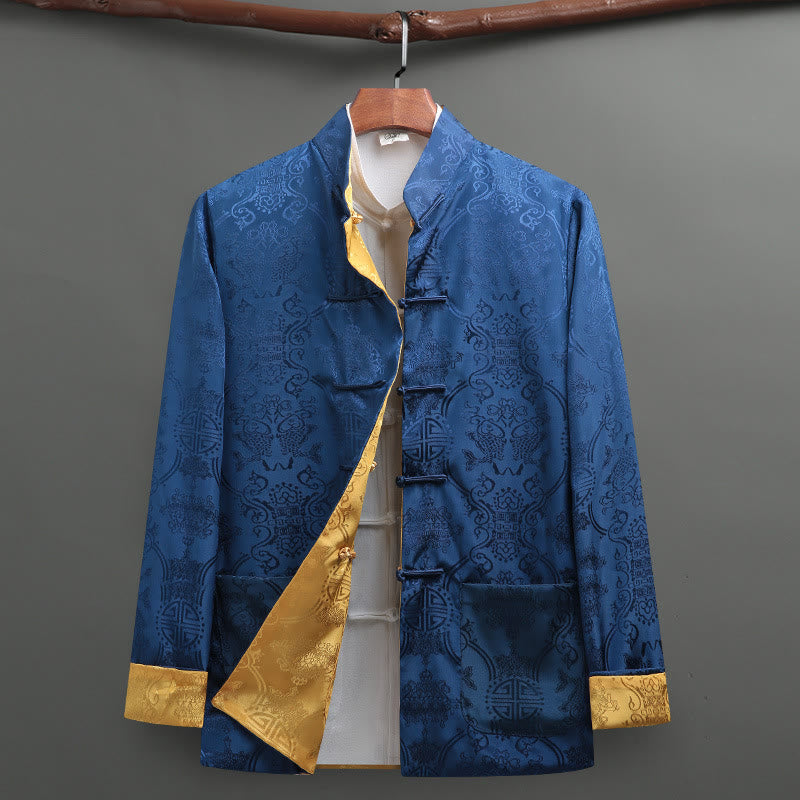 Camisa de manga larga con bolsillos y botones de rana para hombre de Buddha Stones Tang Suit, con estampado de peces koi. - Azul + Amarillo - US/UK/AU42, EU52 (3XL) - image 1