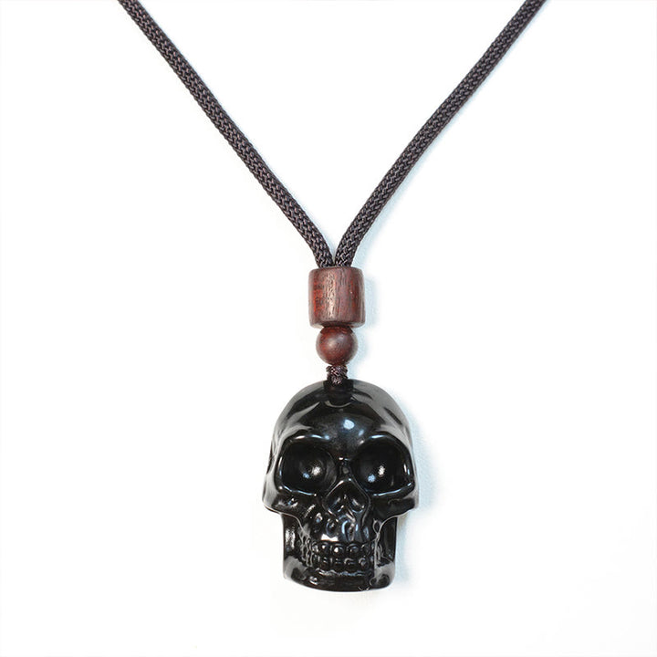 Collar con colgante de esqueleto Shmashana con cuerda de obsidiana negra y Buddha Stones