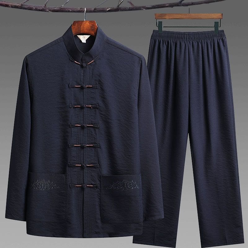Conjunto de 2 piezas de camisa y pantalones de manga larga con botones de rana para hombre con traje Tang sencillo y Buddha Stones - Azul acero - Juego de 2 piezas - US/UK/AU42, UE52 (4XL) - image 0