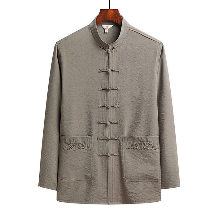 Conjunto de 2 piezas de camisa y pantalones de manga larga con botones de rana para hombre con traje Tang sencillo y Buddha Stones - Broncearse - Camisa - US/UK/AU42, UE52 (4XL) - image 15