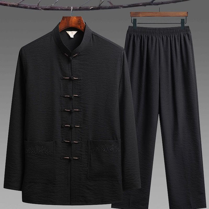 Conjunto de 2 piezas de camisa y pantalones de manga larga con botones de rana para hombre con traje Tang sencillo y Buddha Stones - Negro - Juego de 2 piezas - US/UK/AU42, UE52 (4XL) - image 8