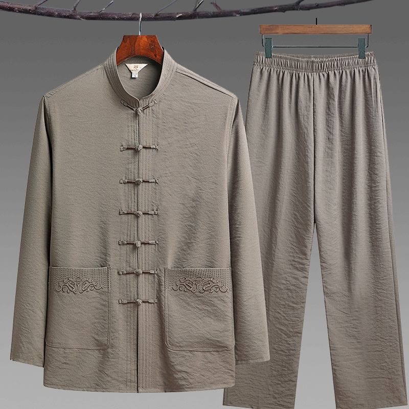 Conjunto de 2 piezas de camisa y pantalones de manga larga con botones de rana para hombre con traje Tang sencillo y Buddha Stones - Broncearse - Juego de 2 piezas - US/UK/AU42, UE52 (4XL) - image 14