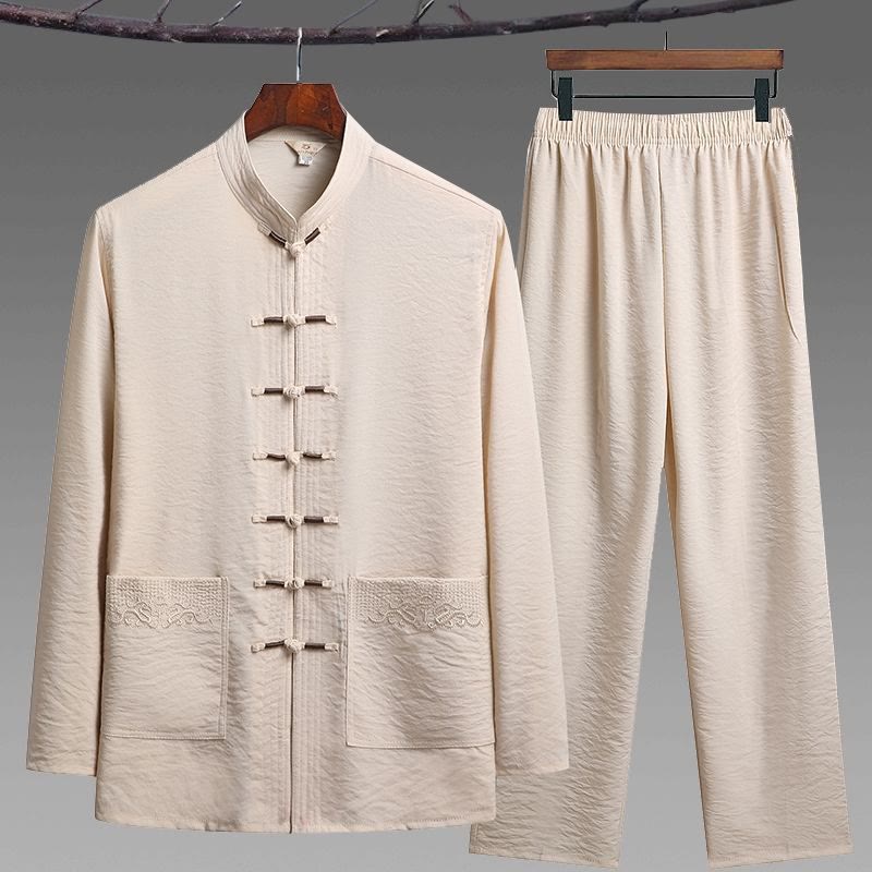 Conjunto de 2 piezas de camisa y pantalones de manga larga con botones de rana para hombre con traje Tang sencillo y Buddha Stones - Sopa de mariscos - Juego de 2 piezas - US/UK/AU44, EU54 (4XL) - image 18