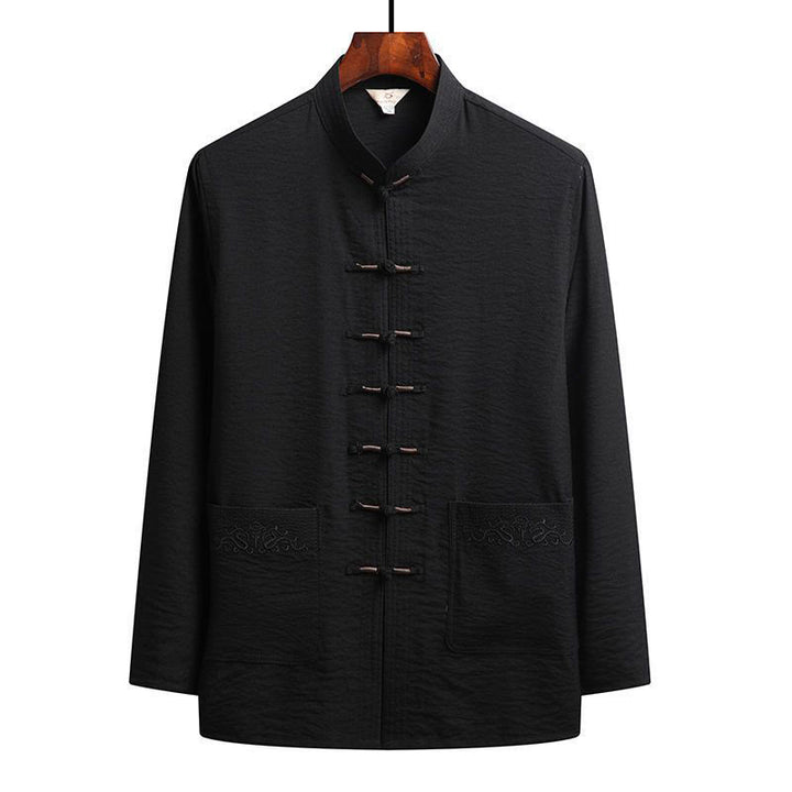 Conjunto de 2 piezas de camisa y pantalones de manga larga con botones de rana para hombre con traje Tang sencillo y Buddha Stones - Negro - Camisa - US/UK/AU44, EU54 (4XL) - image 11