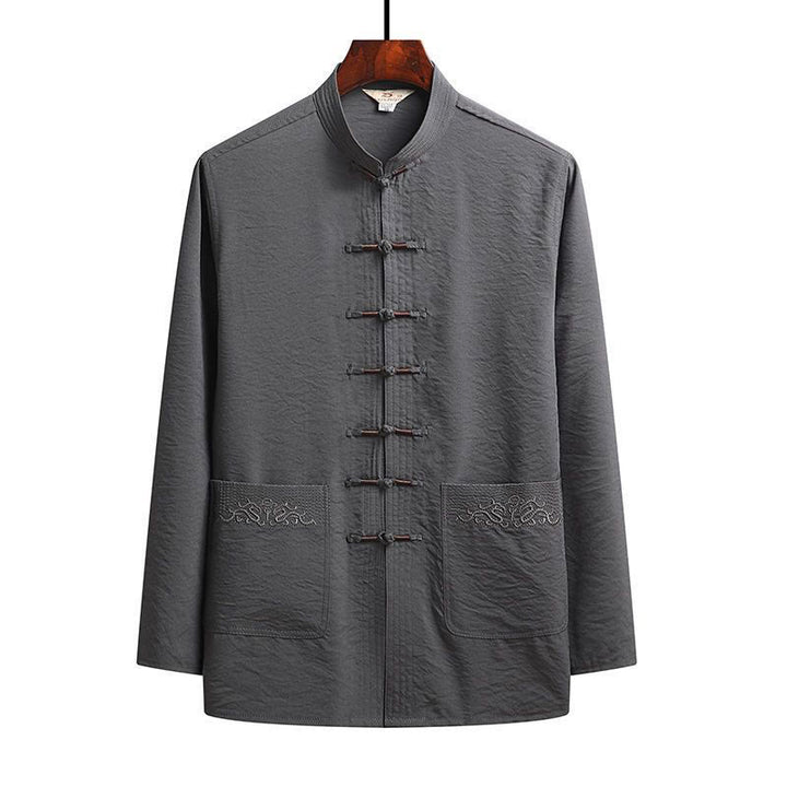 Conjunto de 2 piezas de camisa y pantalones de manga larga con botones de rana para hombre con traje Tang sencillo y Buddha Stones - Gris - Camisa - US/UK/AU42, UE52 (4XL) - image 3