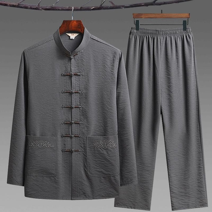 Conjunto de 2 piezas de camisa y pantalones de manga larga con botones de rana para hombre con traje Tang sencillo y Buddha Stones - Gris - Juego de 2 piezas - US/UK/AU42, UE52 (4XL) - image 2