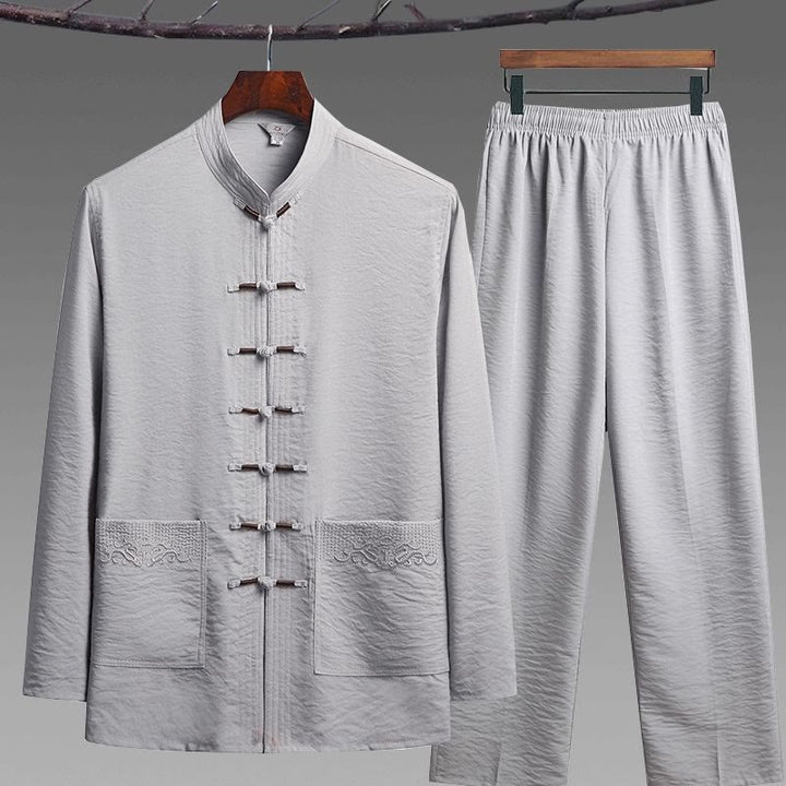 Conjunto de 2 piezas de camisa y pantalones de manga larga con botones de rana para hombre con traje Tang sencillo y Buddha Stones - Gris claro - Juego de 2 piezas - US/UK/AU42, UE52 (4XL) - image 10