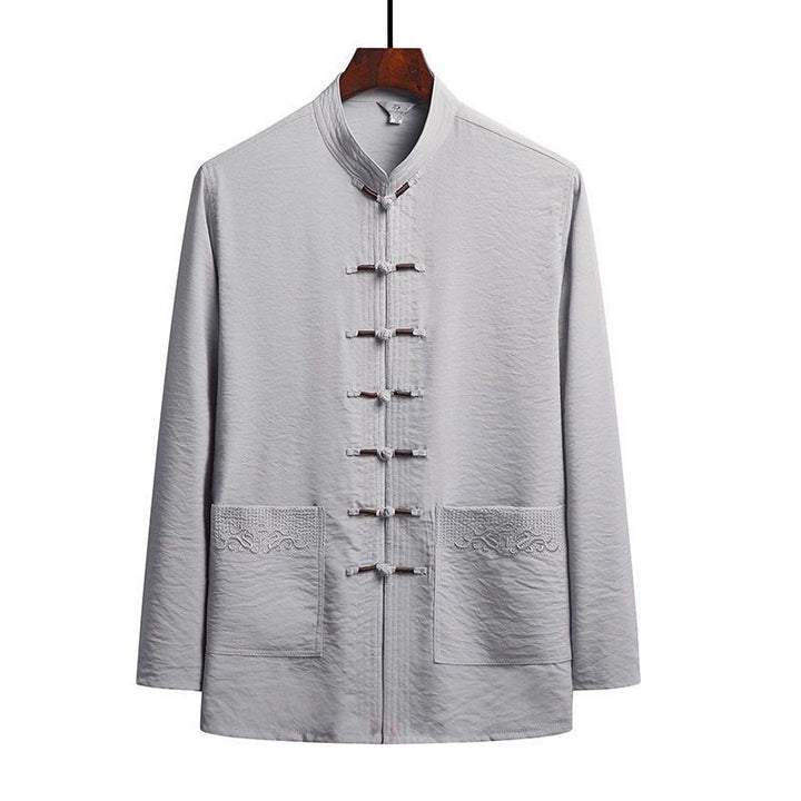 Conjunto de 2 piezas de camisa y pantalones de manga larga con botones de rana para hombre con traje Tang sencillo y Buddha Stones