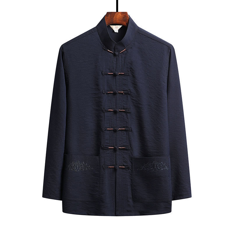 Conjunto de 2 piezas de camisa y pantalones de manga larga con botones de rana para hombre con traje Tang sencillo y Buddha Stones - Azul acero - Camisa - US/UK/AU42, UE52 (4XL) - image 1