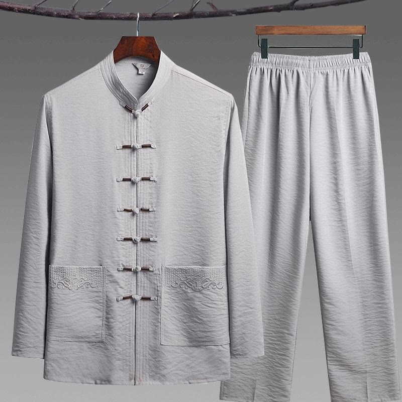 Conjunto de 2 piezas de camisa y pantalones de manga larga con botones de rana para hombre con traje Tang sencillo y Buddha Stones