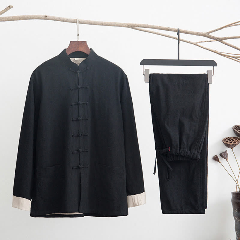 Conjunto de 2 piezas de camisa y pantalones de manga larga con botones de rana de lino para hombre con Buddha Stones - Negro - US/UK/AU44, EU54 (4XL) - image 2