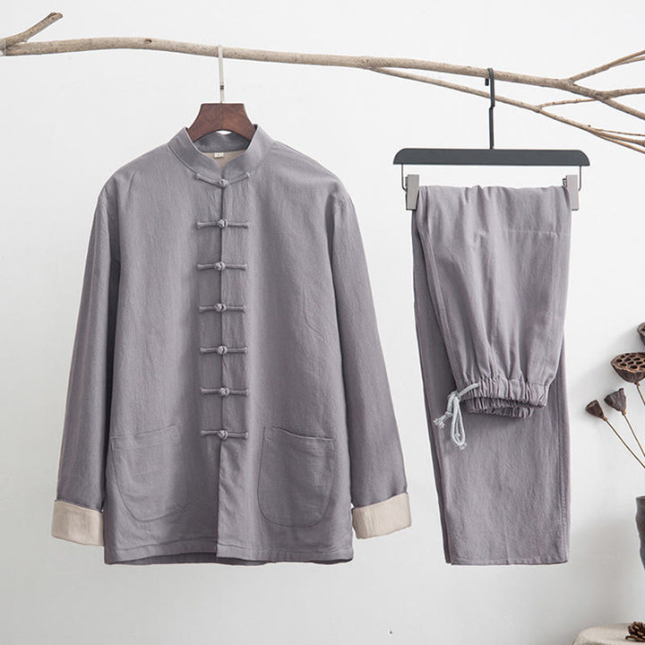 Conjunto de 2 piezas de camisa y pantalones de manga larga con botones de rana de lino para hombre con Buddha Stones - Gris - US/UK/AU44, EU54 (4XL) - image 0