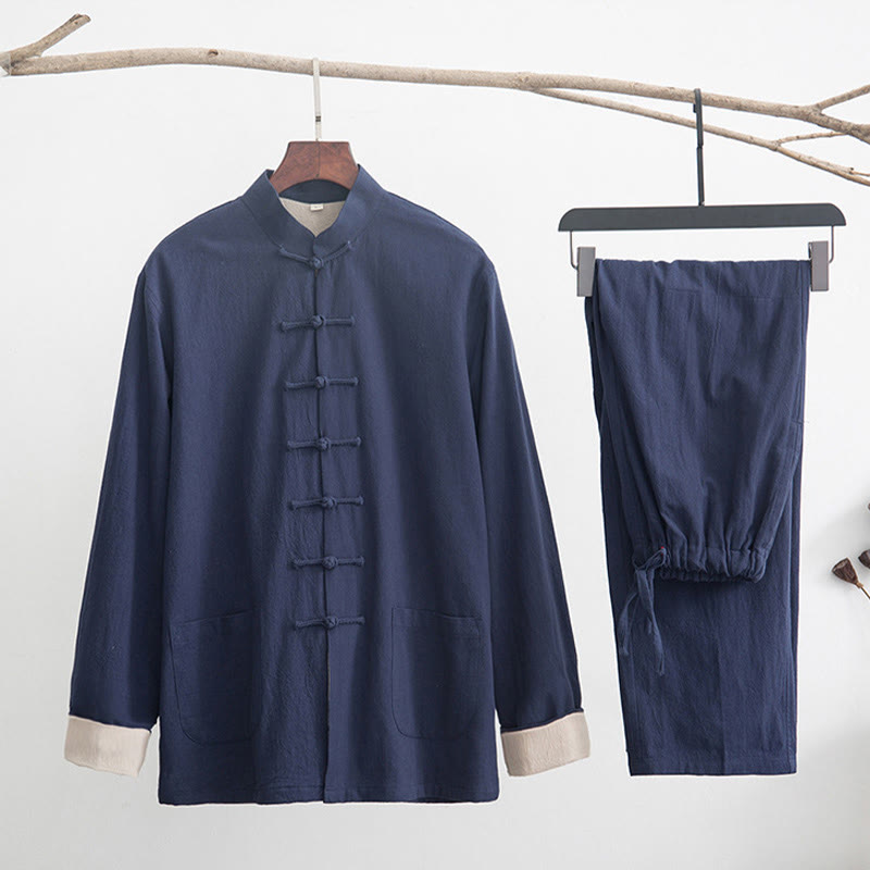 Conjunto de 2 piezas de camisa y pantalones de manga larga con botones de rana de lino para hombre con Buddha Stones - Azul acero - US/UK/AU44, EU54 (4XL) - image 23