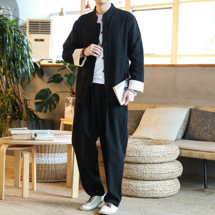 Conjunto de 2 Buddha Stones de traje zen Tang para hombre, camisa de manga larga con botones de rana y pantalones con bolsillos
