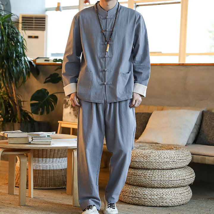 Conjunto de 2 Buddha Stones de traje zen Tang para hombre, camisa de manga larga con botones de rana y pantalones con bolsillos