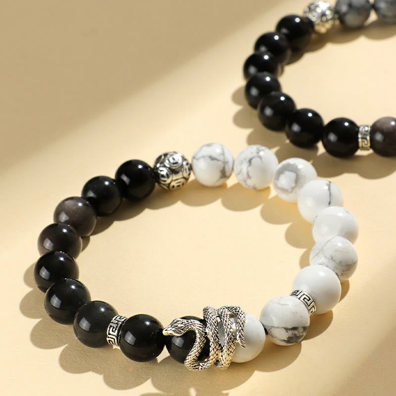 Pulsera de protección del año de la serpiente con obsidiana blanca, turquesa, jaspe gris y Buddha Stones con brillo plateado natural y obsidiana copo de nieve - image 5