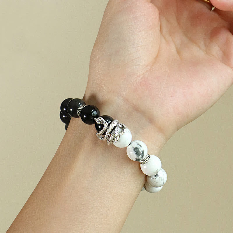 Pulsera de protección del año de la serpiente con obsidiana blanca, turquesa, jaspe gris y Buddha Stones con brillo plateado natural y obsidiana copo de nieve - image 3