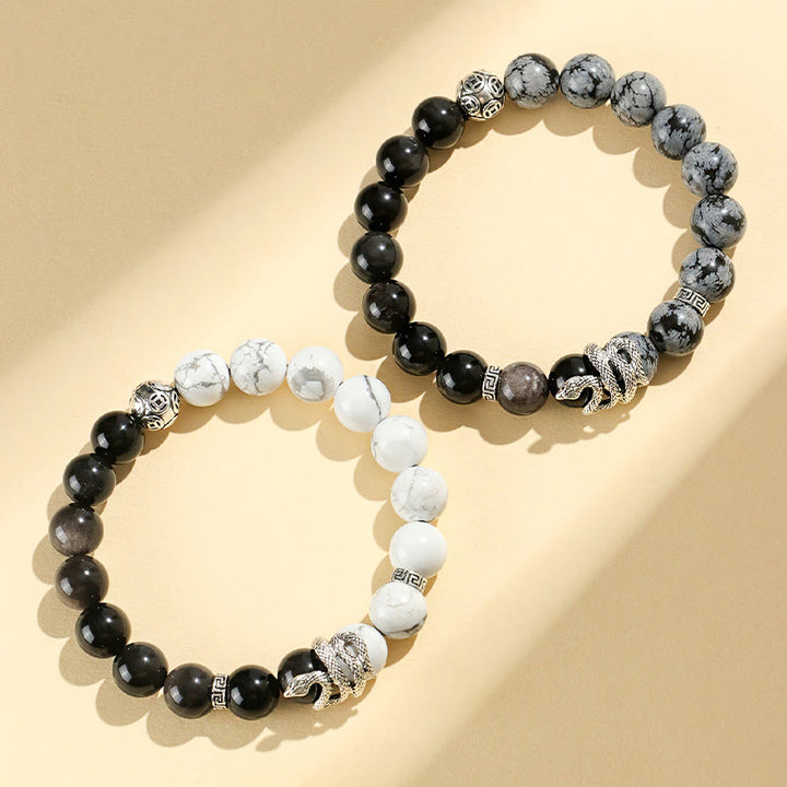 Pulsera de protección del año de la serpiente con obsidiana blanca, turquesa, jaspe gris y Buddha Stones con brillo plateado natural y obsidiana copo de nieve - image 6