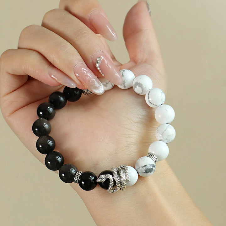Pulsera de protección del año de la serpiente con obsidiana blanca, turquesa, jaspe gris y Buddha Stones con brillo plateado natural y obsidiana copo de nieve - image 4