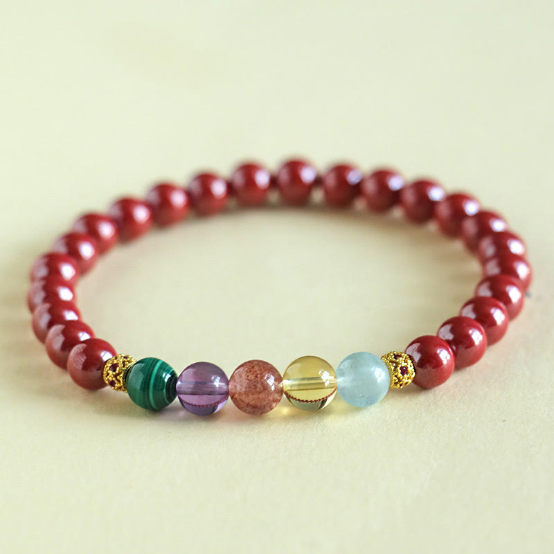 Pulsera de bendición con Buddha Stones, cinabrio, aguamarina, citrino, cuarzo fresa, amatista y malaquita