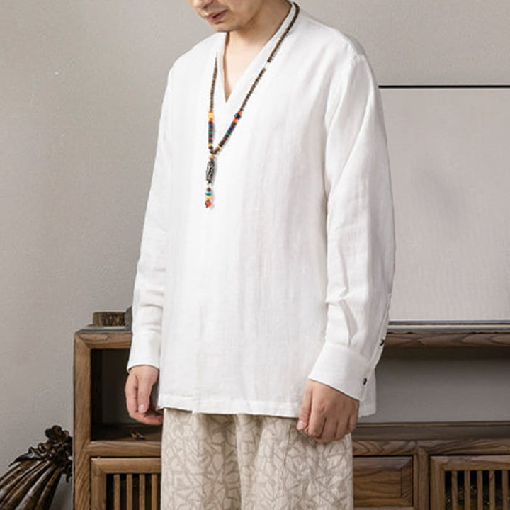 Camisa de lino de manga larga con cuello en V y Buddha Stones para hombre Ropa Zen - image 2