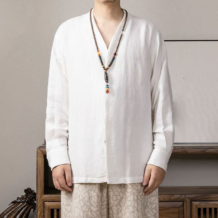 Camisa de lino de manga larga con cuello en V y Buddha Stones para hombre Ropa Zen - Blanco - US/UK/AU44, EU54 (4XL) - image 0