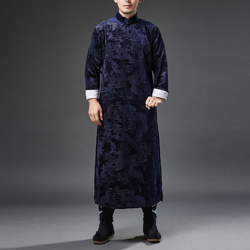 Traje chino vintage con Buddha Stones para otoño e invierno, túnica de jacquard con dragón para hombre y bolsillos - Azul acero claro - US/UK/AU38, EU48 (XL) - image 0