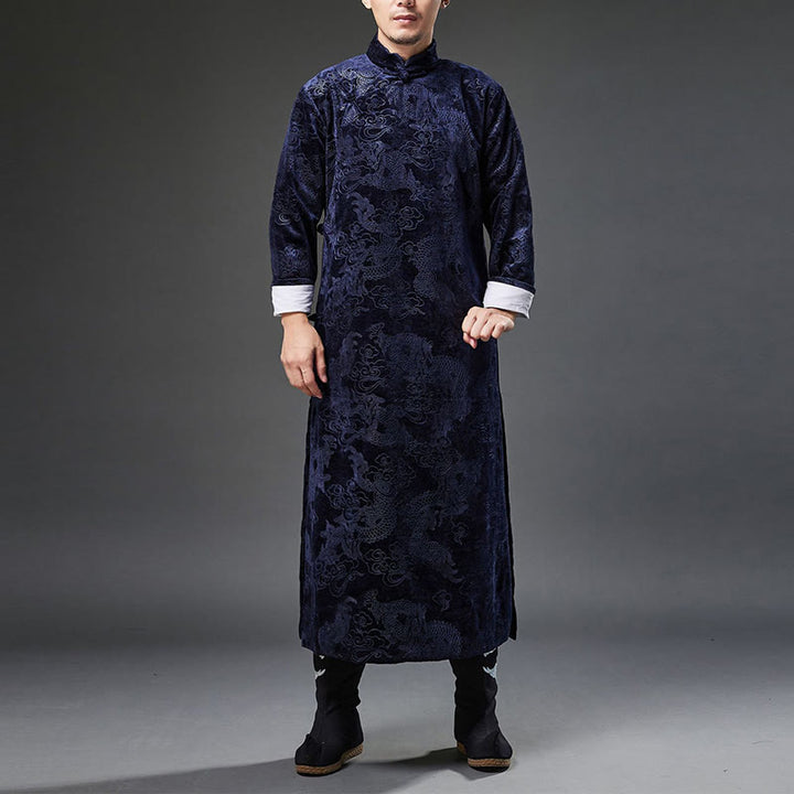 Traje chino vintage con Buddha Stones para otoño e invierno, túnica de jacquard con dragón para hombre y bolsillos - Azul acero claro - US/UK/AU38, EU48 (XL) - image 0