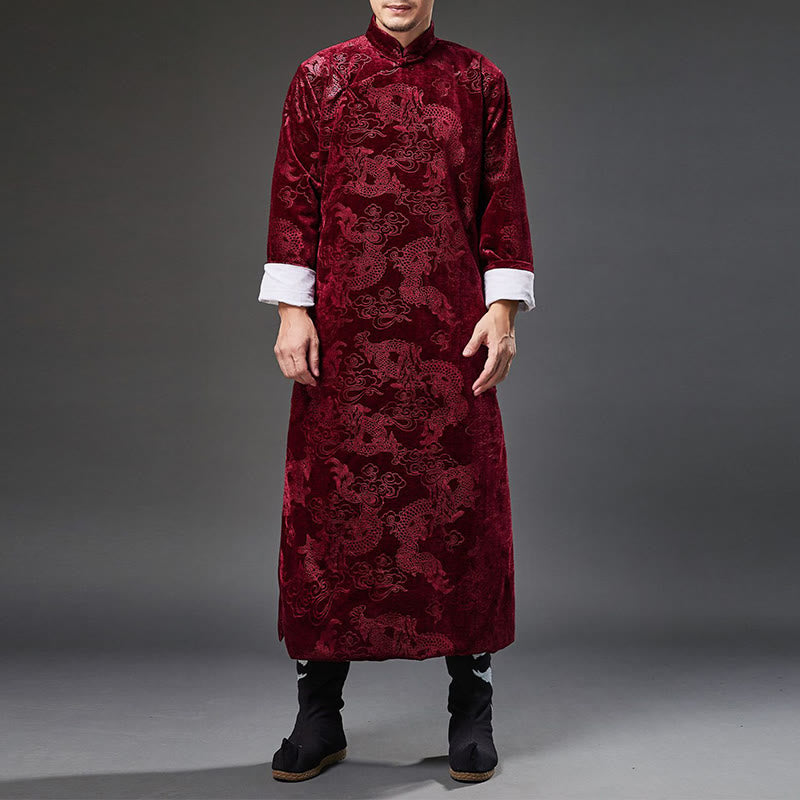 Traje chino vintage con Buddha Stones para otoño e invierno, túnica de jacquard con dragón para hombre y bolsillos - Carmesí - US/UK/AU38, EU48 (XL) - image 18
