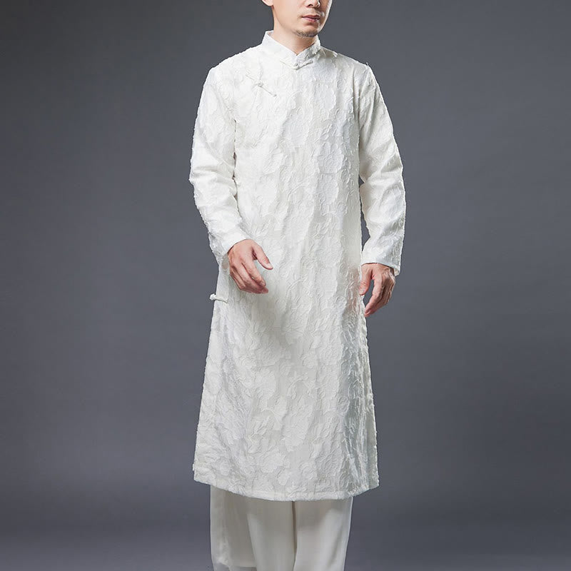 Traje Tang de algodón para hombre con peonías rosas y botones de rana chinas y Buddha Stones