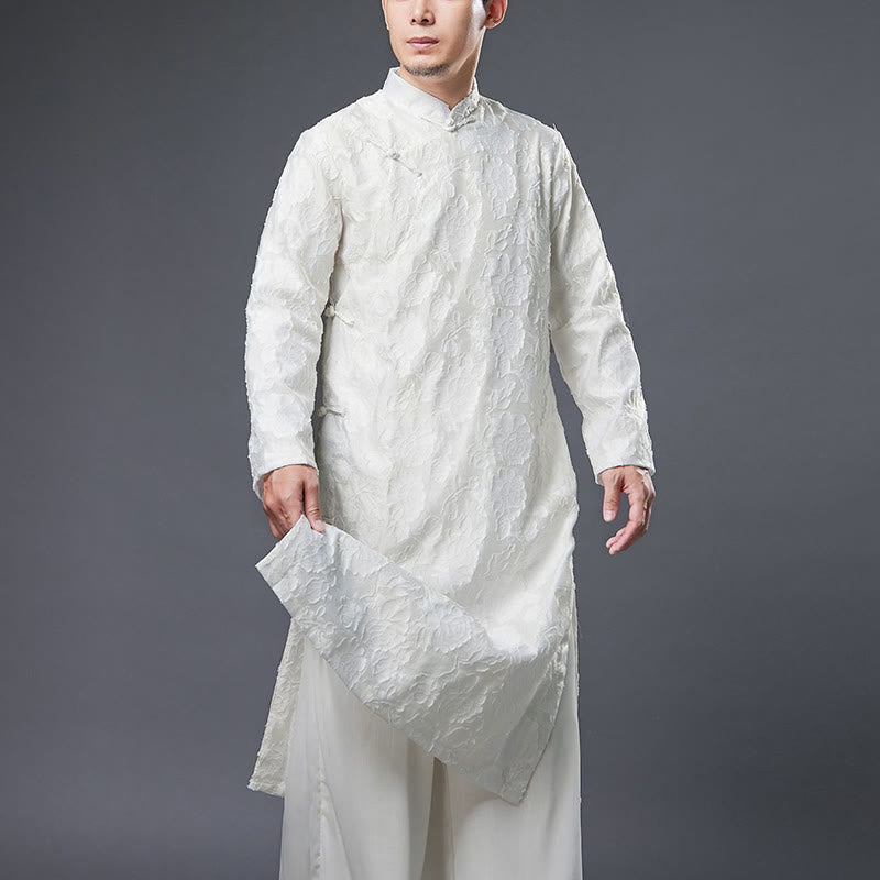 Traje Tang de algodón para hombre con peonías rosas y botones de rana chinas y Buddha Stones