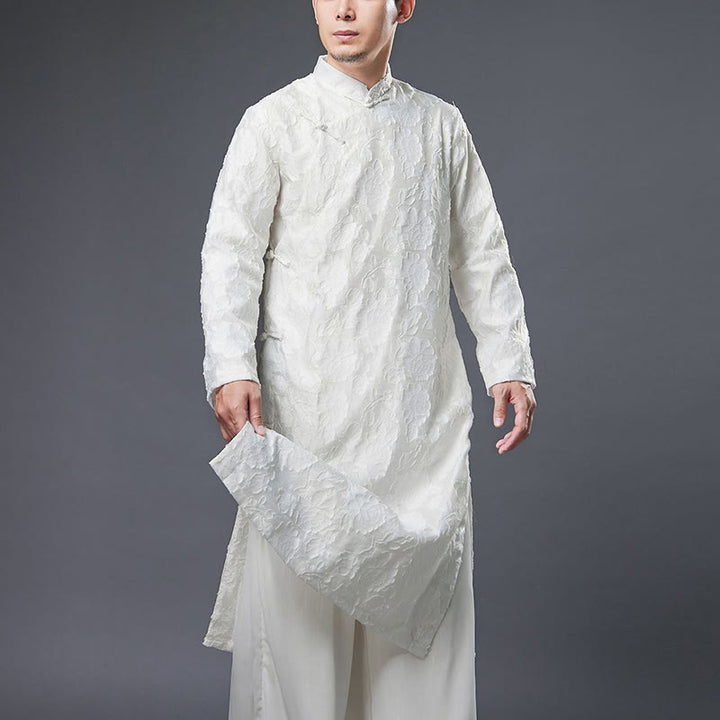 Traje Tang de algodón para hombre con peonías rosas y botones de rana chinas y Buddha Stones