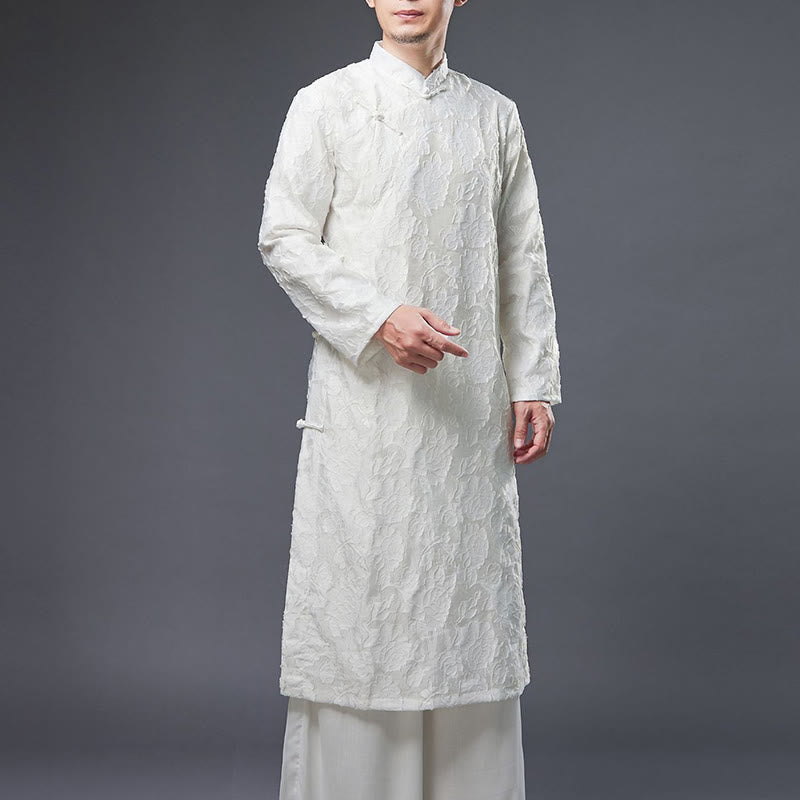 Traje Tang de algodón para hombre con peonías rosas y botones de rana chinas y Buddha Stones