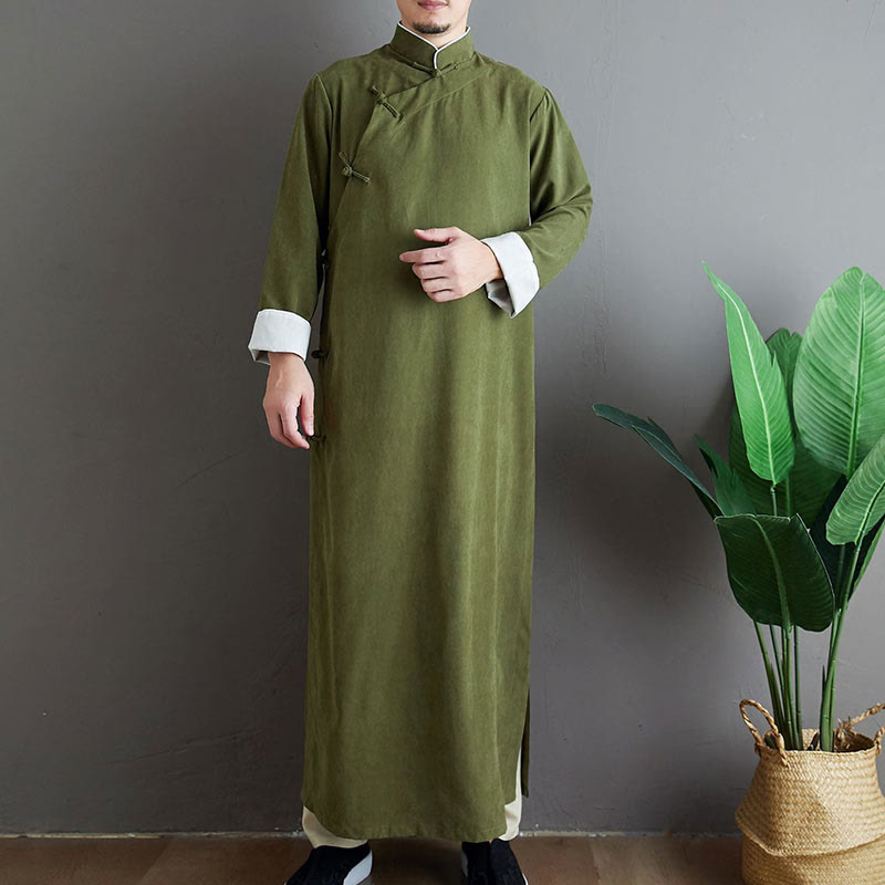 Bata de traje Tang para hombre con botones de rana, color liso, con estampado de Buddha Stones y estampado otoñal. - Verde oliva - US/UK/AU38, EU48 (XL) - image 0