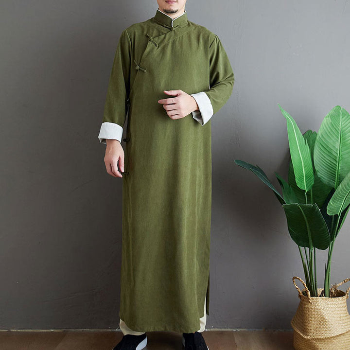 Bata de traje Tang para hombre con botones de rana, color liso, con estampado de Buddha Stones y estampado otoñal. - Verde oliva - US/UK/AU38, EU48 (XL) - image 0