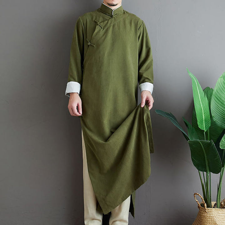 Traje Tang de algodón con botones de rana y color sólido para hombre, con Buddha Stones y caída