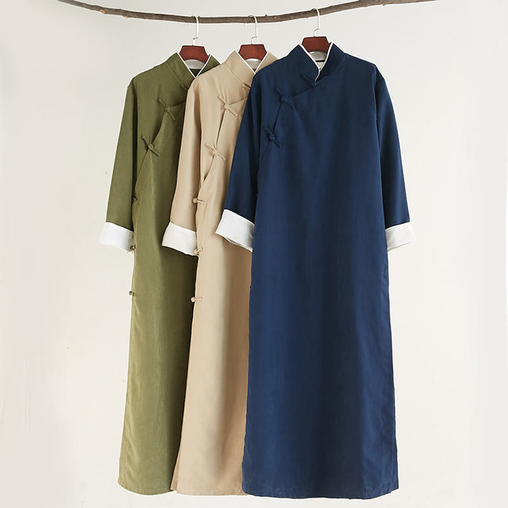 Traje Tang de algodón con botones de rana y color sólido para hombre, con Buddha Stones y caída