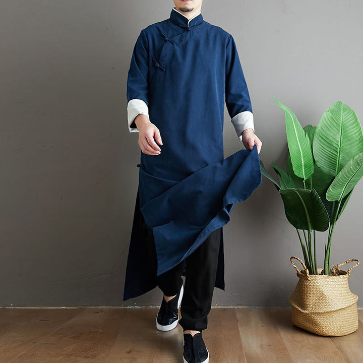 Traje Tang de algodón con botones de rana y color sólido para hombre, con Buddha Stones y caída