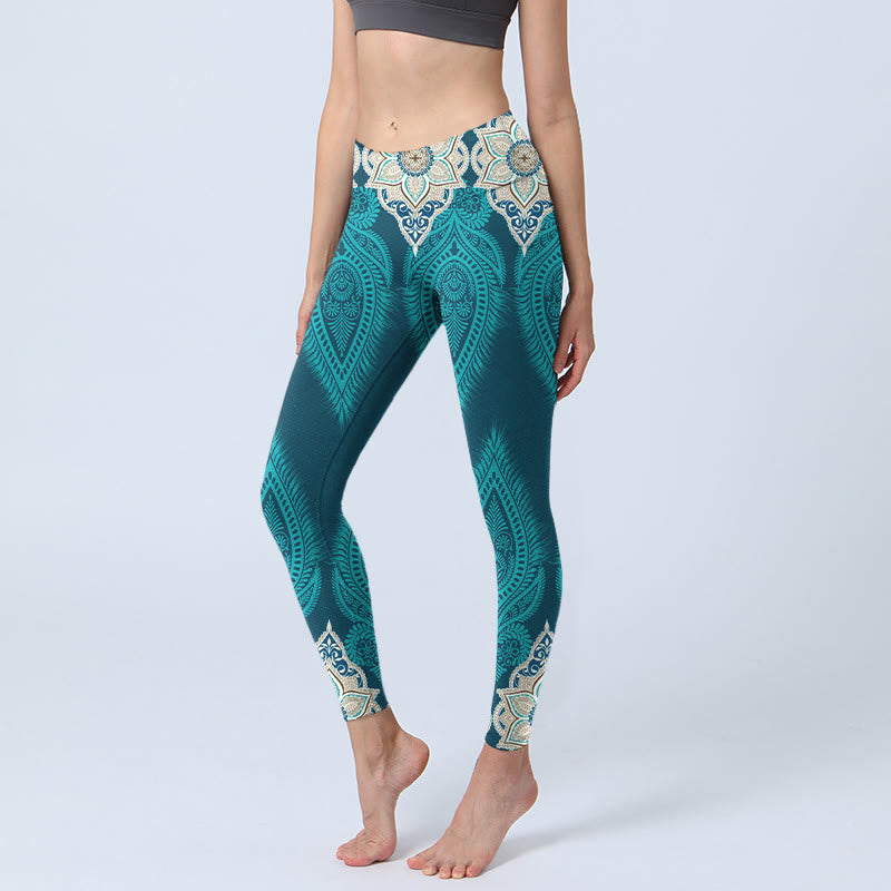 Leggings de fitness para gimnasio con estampado de flores y plumas verdes y piedras de Buddha Stones para mujer - Cadete Azul - US18，UK/AU22，EU50 (4XL) - image 1