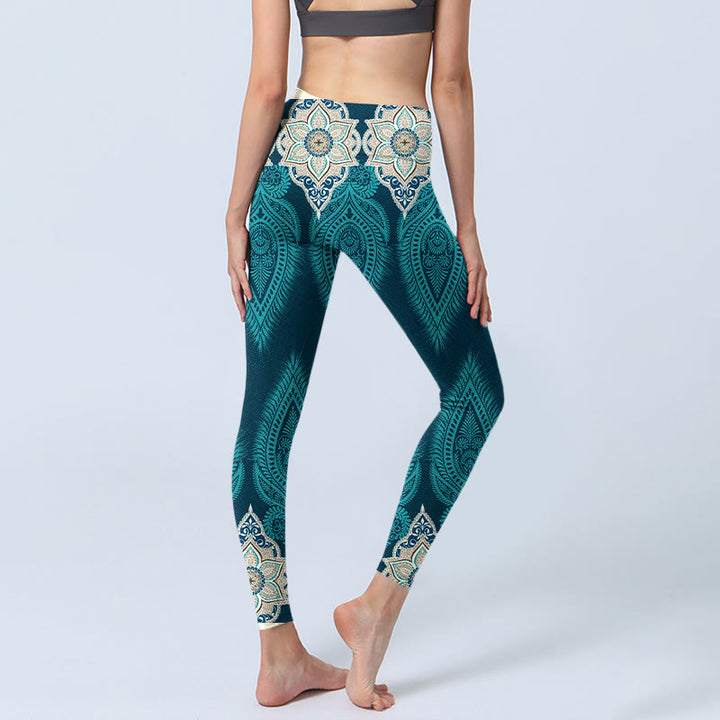 Leggings de fitness para gimnasio con estampado de flores y plumas verdes y piedras de Buddha Stones para mujer - image 4
