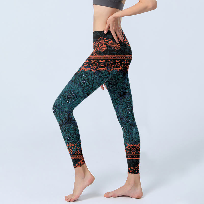 Leggings de fitness para gimnasio con estampado de flores de mandala verde y Buddha Stones para mujer - image 3