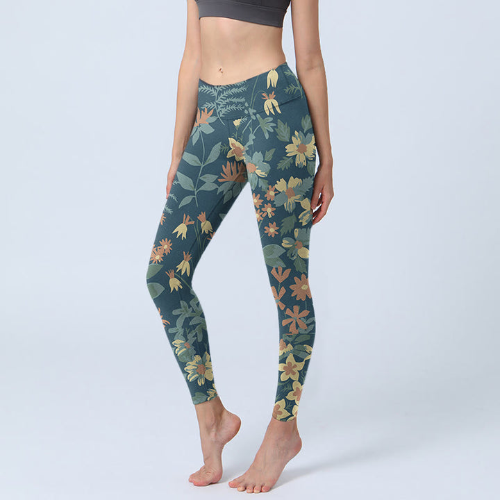 Leggings deportivos para gimnasio con estampado de margaritas, flores y hojas de Buddha Stones , pantalones de yoga para mujer - Azul acero - US18，UK/AU22，EU50 (4XL) - image 0