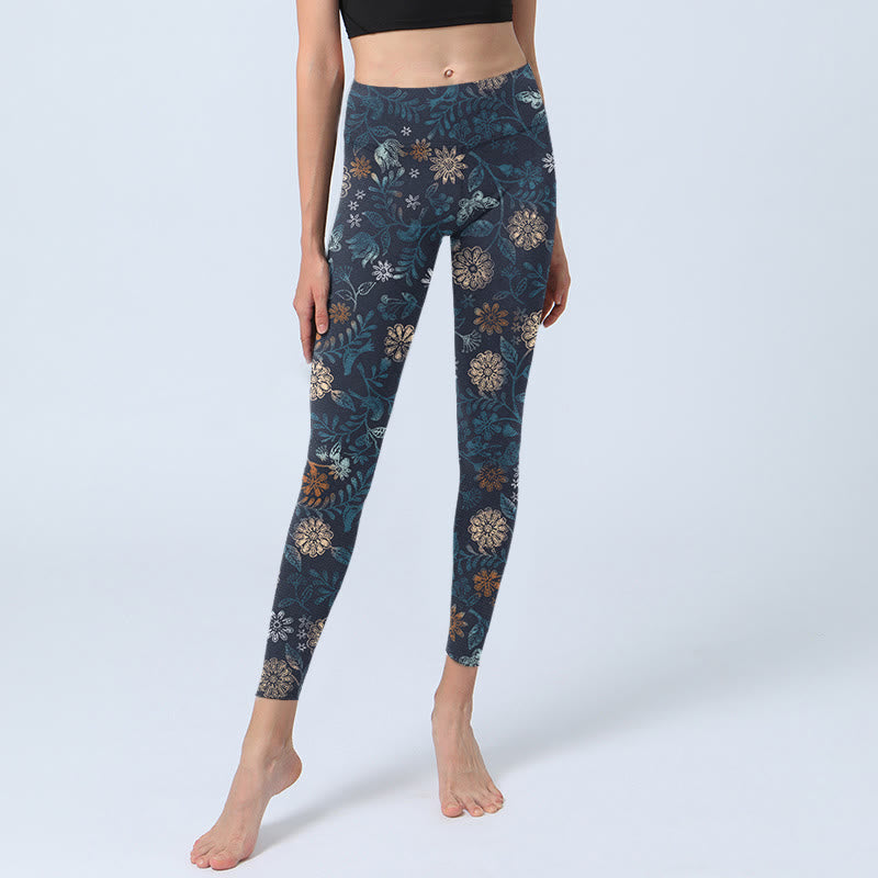 Leggings de fitness para gimnasio con estampado de hojas y flores de aster de Buddha Stones New York para mujer - image 5