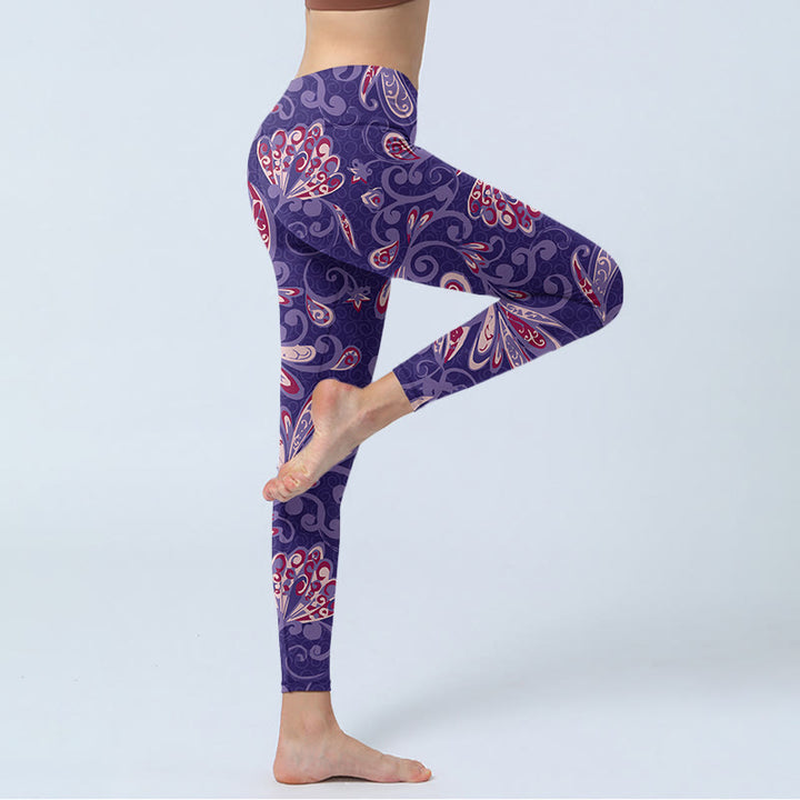 Leggings de fitness para gimnasio con estampado de pétalos de flores moradas y Buddha Stones para mujer - image 3