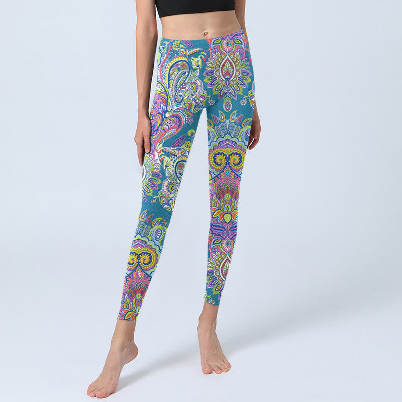 Leggings de fitness para gimnasio con estampado de flores azules, rosas y verdes con Buddha Stones para mujer - image 5