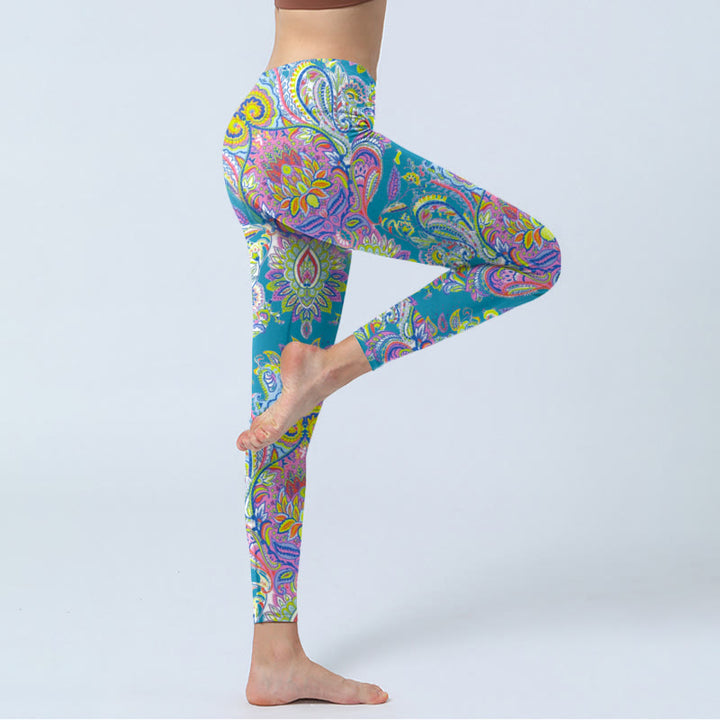 Leggings de fitness para gimnasio con estampado de flores azules, rosas y verdes con Buddha Stones para mujer - image 3
