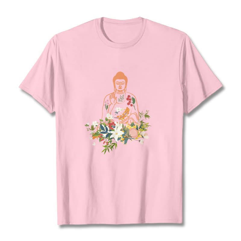 Camiseta con estampado de flores en flor y Buda meditando con Buddha Stones - rosa claro - 2XL - image 12