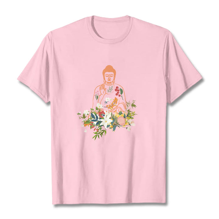 Camiseta con estampado de flores en flor y Buda meditando con Buddha Stones - rosa claro - 2XL - image 12