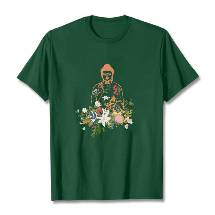 Camiseta con estampado de flores en flor y Buda meditando con Buddha Stones - Verde bosque - 2XL - image 10